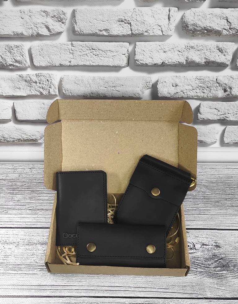 Подарунковий набір DNK Leather №9 (Затиск + обкладинка на права, ID паспорт + Ключниця) чорний